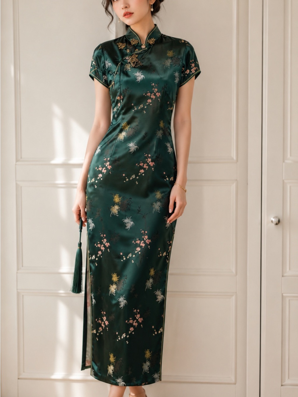 Emerald Green Floral Satin Qipao Maxi  Chinese Traditional Dress